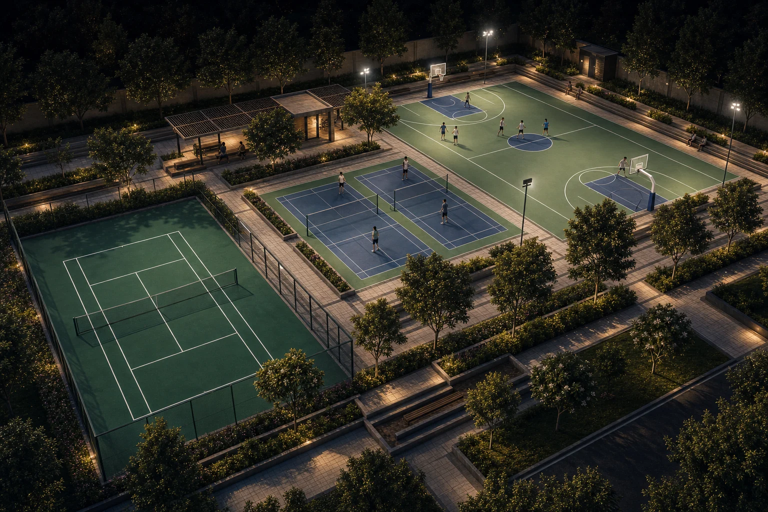 Night sports courts aerial landscape visual