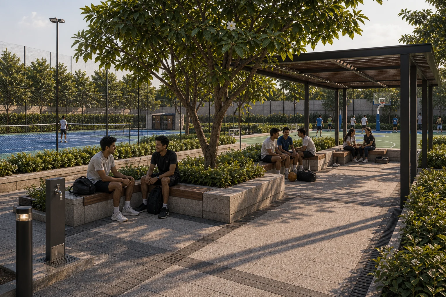 Sports plaza seating and planting