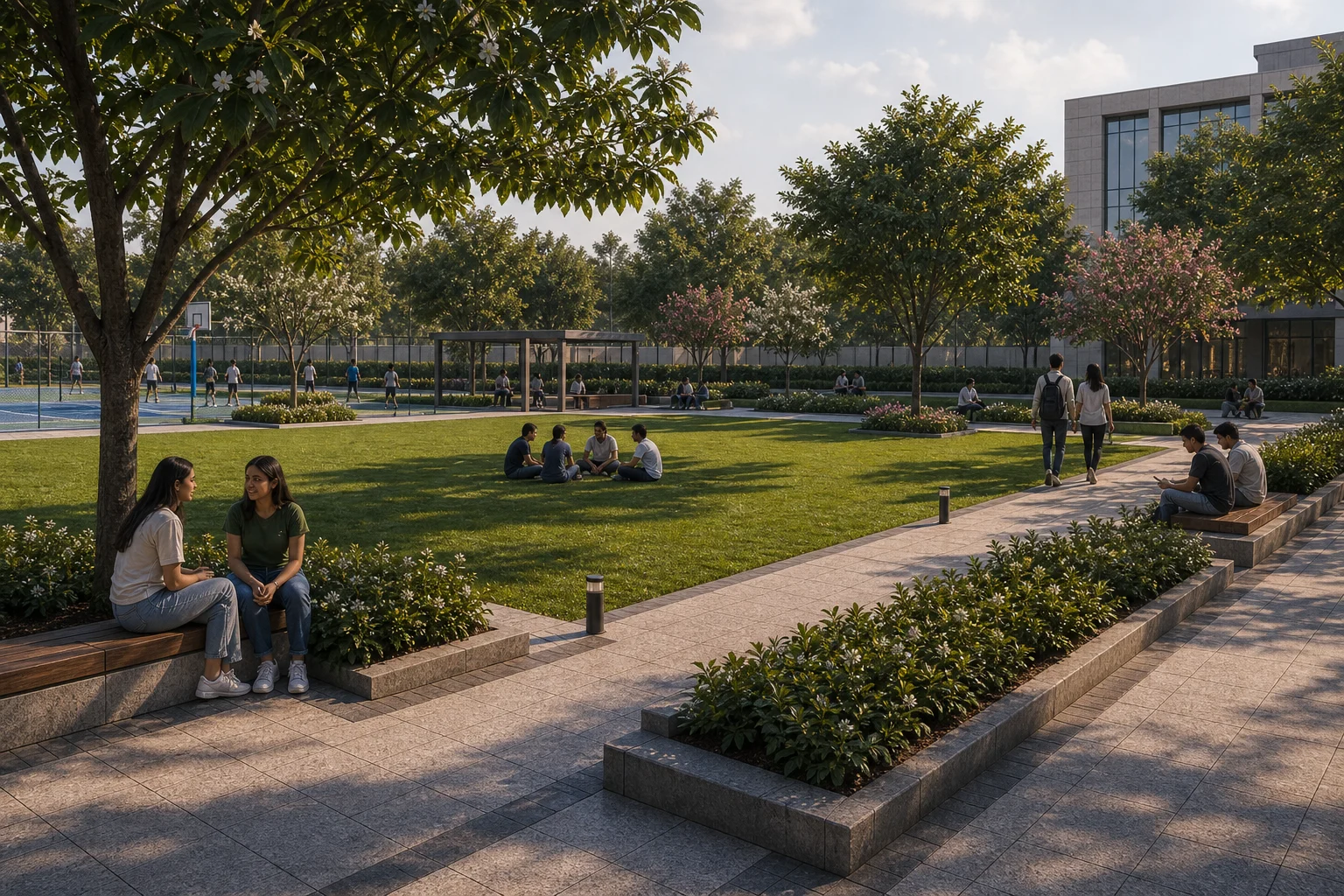Campus lawn with planted edges