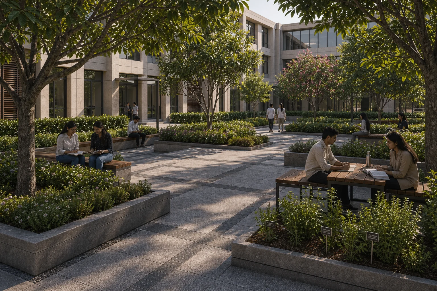 Shaded campus courtyard seating