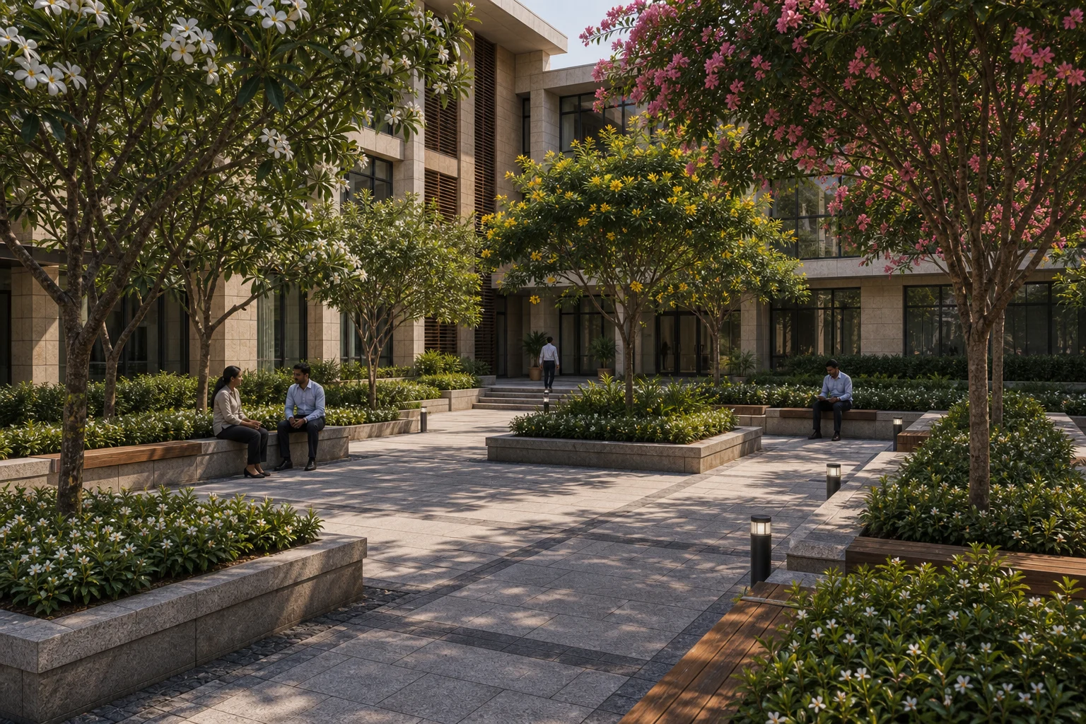 Flowering campus courtyard