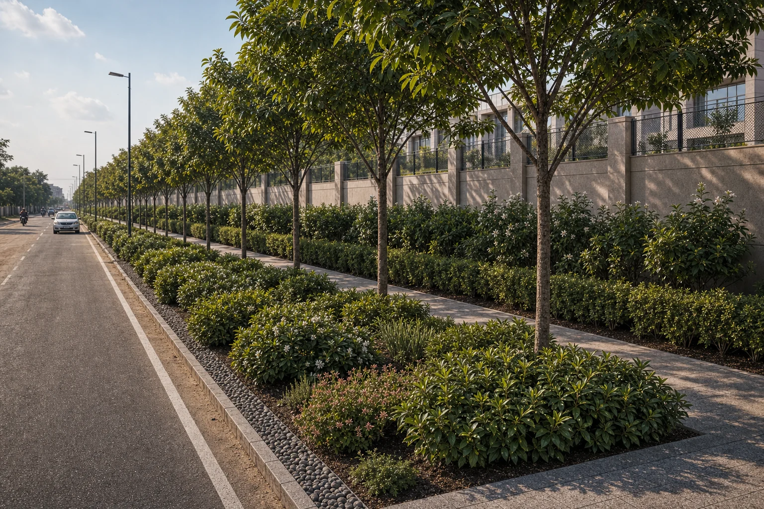 Long campus road planting