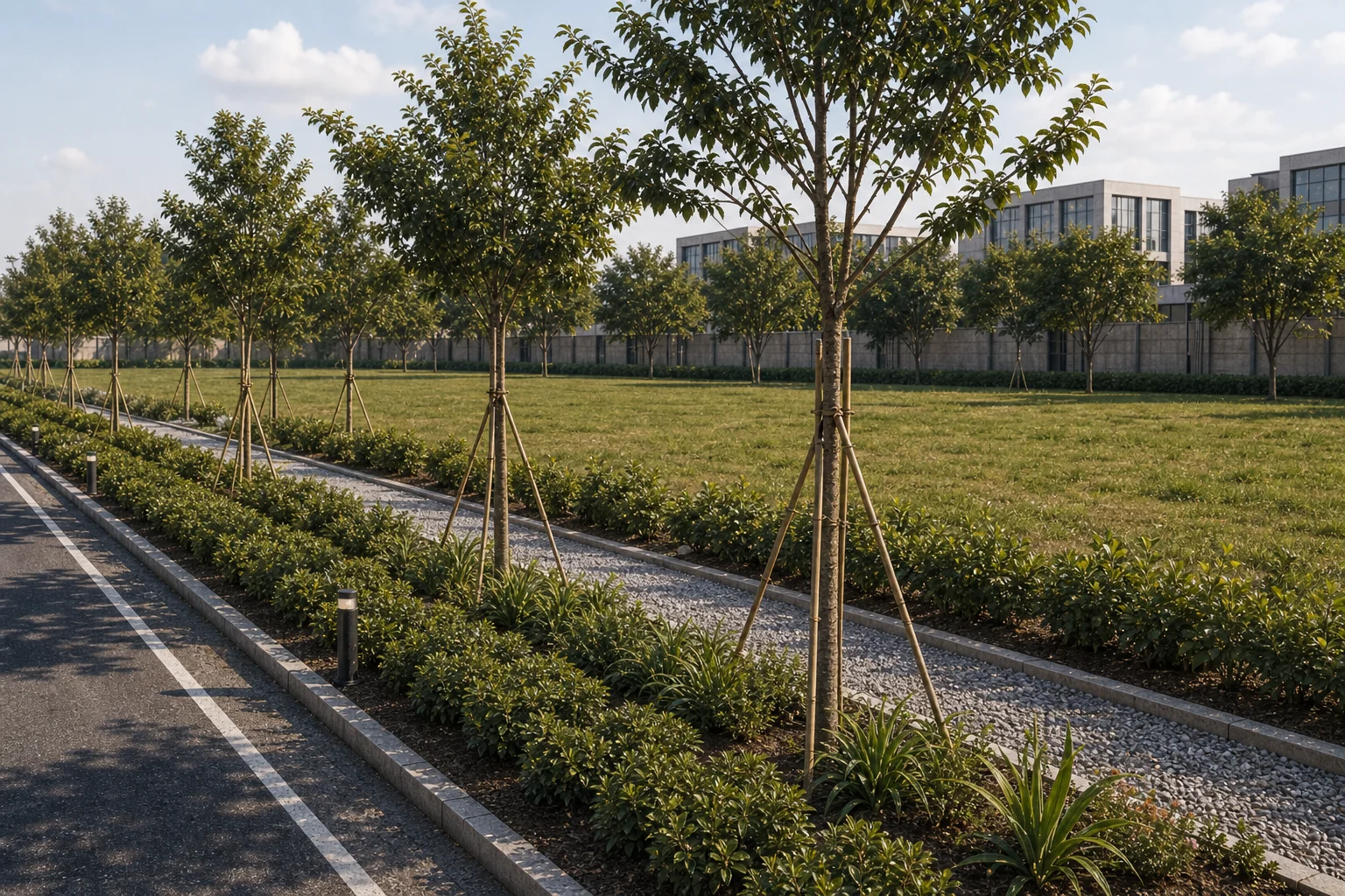 Road with newly planted trees