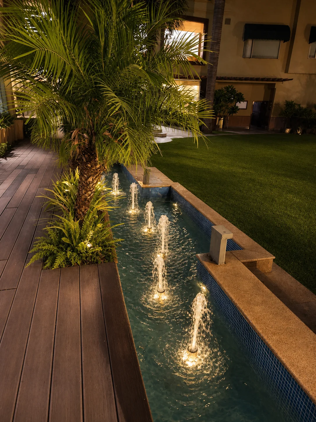 Country Inn Jammu courtyard water channel with illuminated fountain jets, fern planting, timber decking and a mature palm.