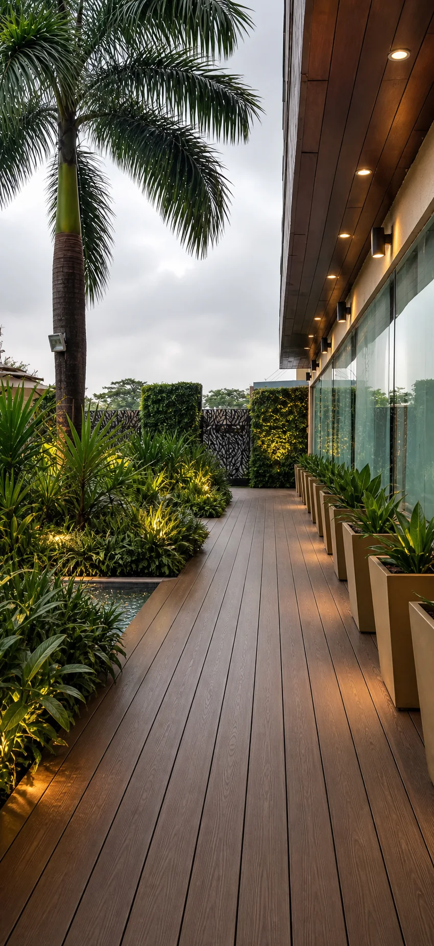 Country Inn Jammu timber garden corridor beside the glazed facade with planters, palms, planted-wall panels and warm lighting.