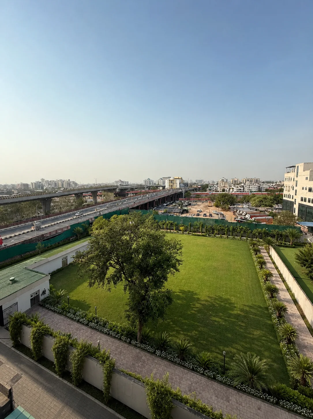 Holiday Inn Jaipur open hotel lawn bordered by palms, evergreen shrubs and restrained white flowering plants.