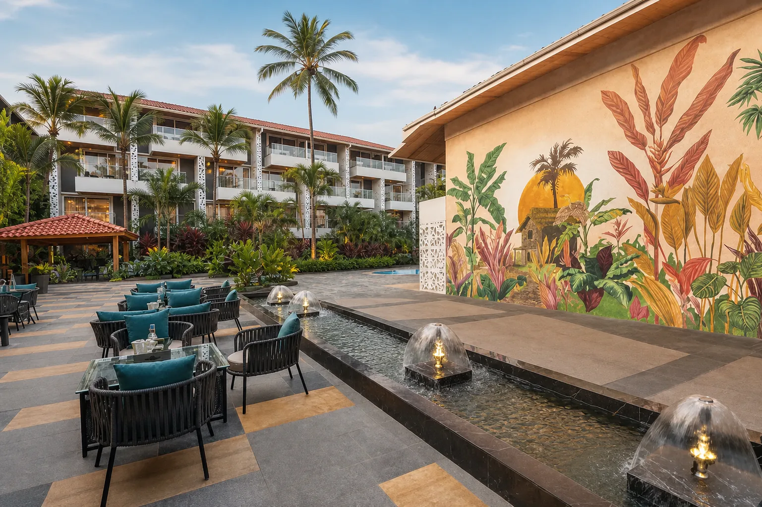 Hyatt Place Goa Candolim luxury courtyard with tropical mural, illuminated water feature and lush planting