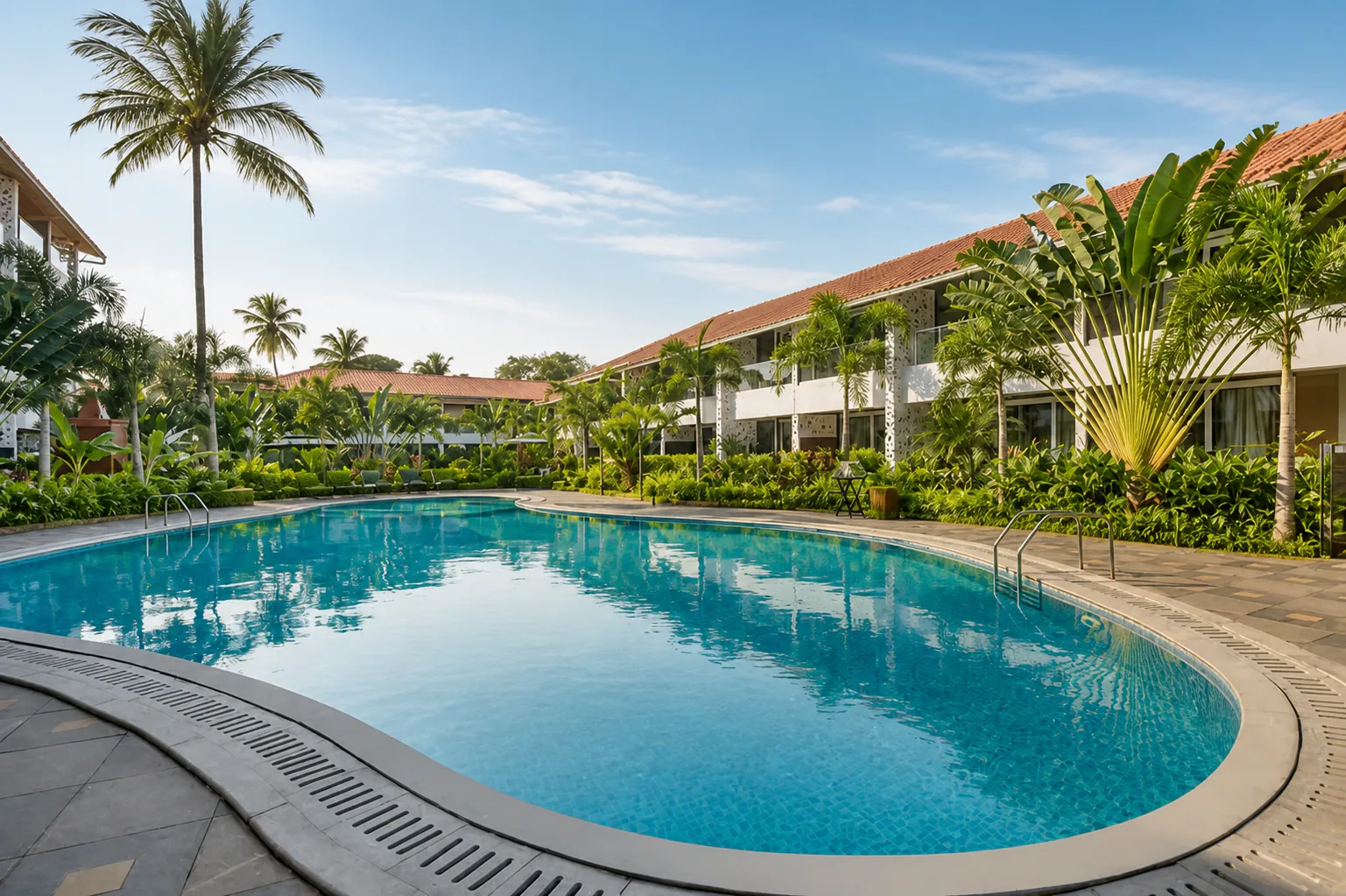 Hyatt Place Goa Candolim bright pool garden with specimen palms, clean decking and layered tropical foliage