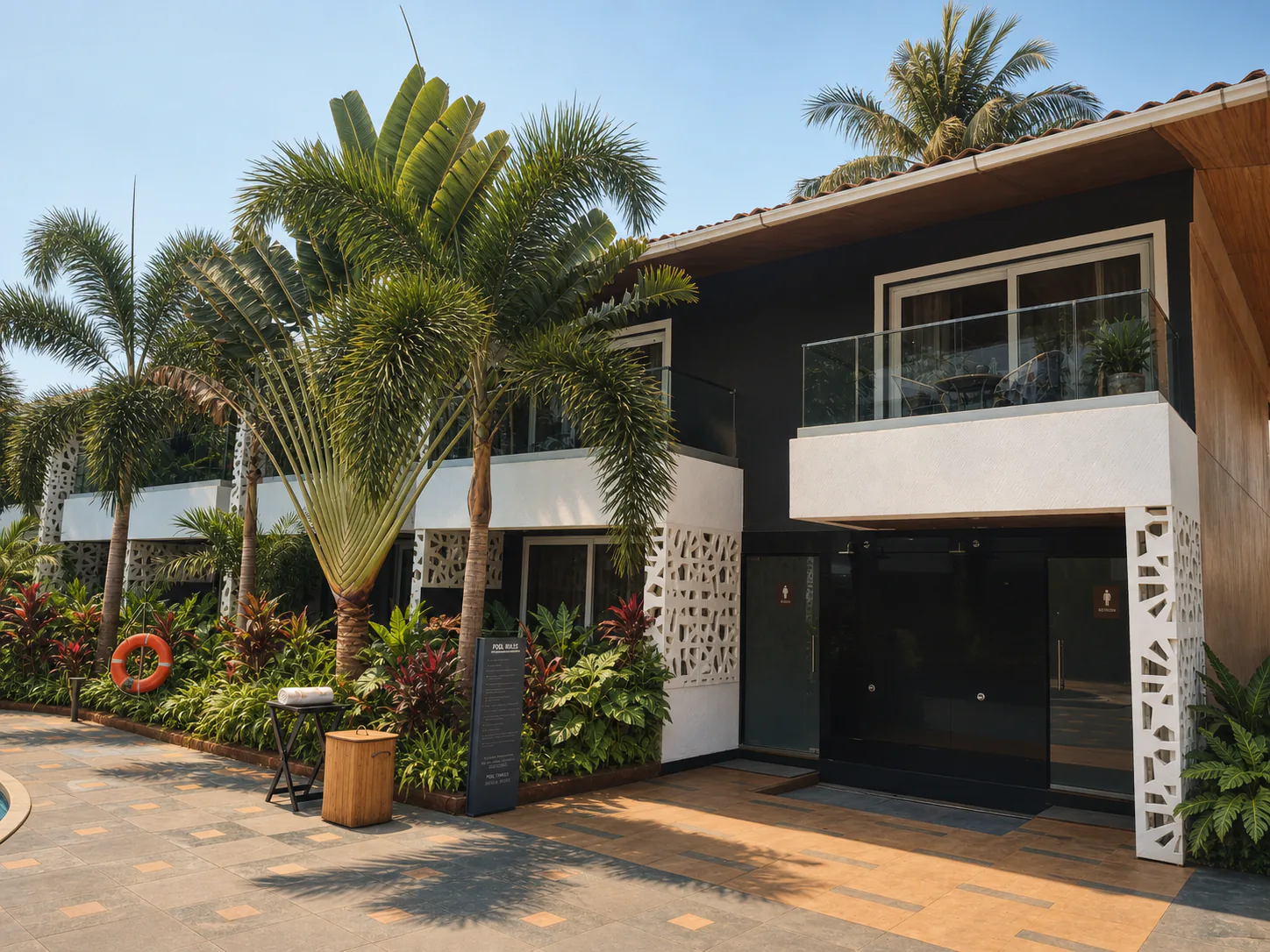Hyatt Place Goa Candolim poolside amenity building surrounded by sculptural palms and layered planting