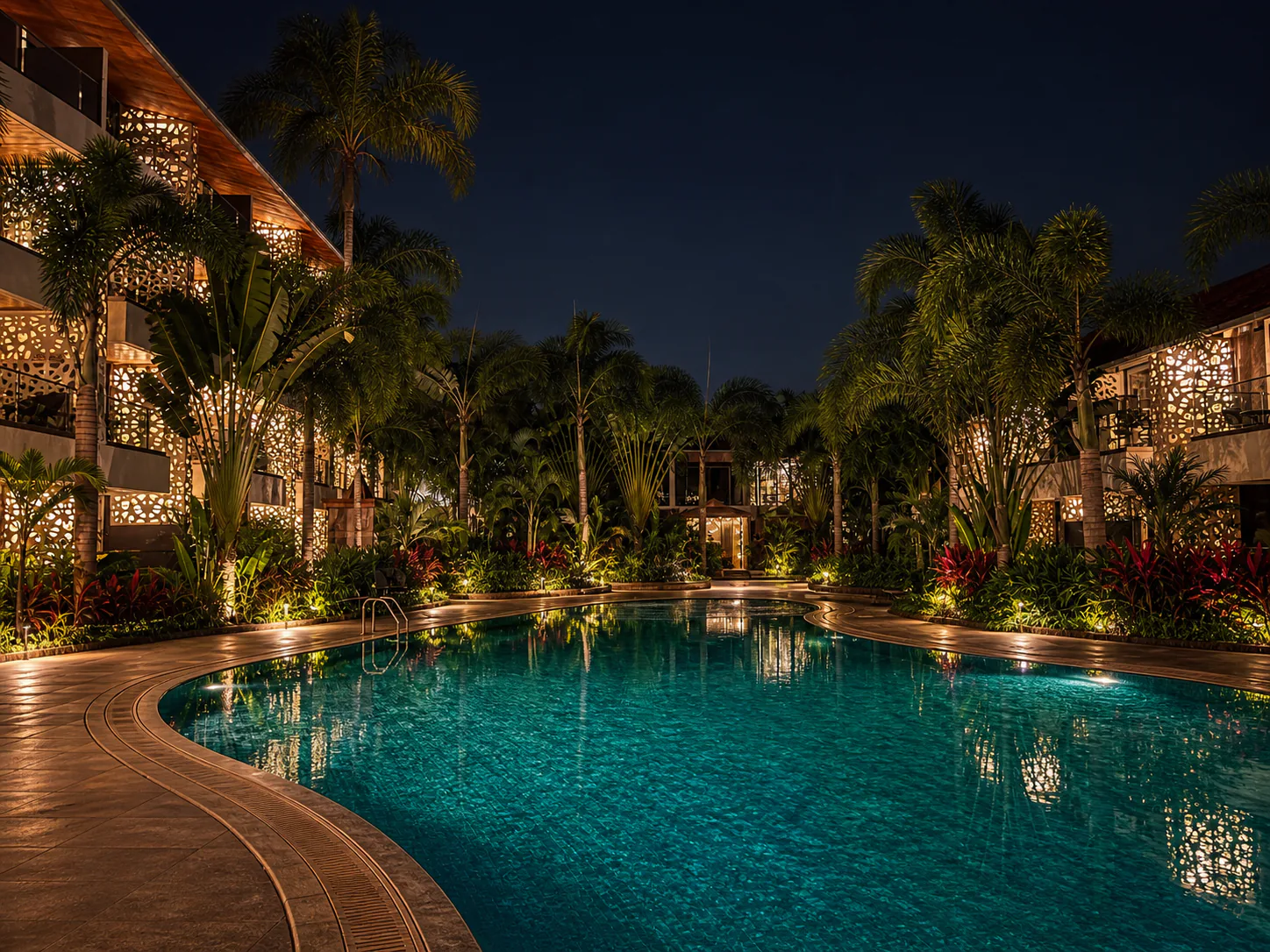 Hyatt Place Goa Candolim open night pool courtyard with illuminated facades and five-star tropical beds