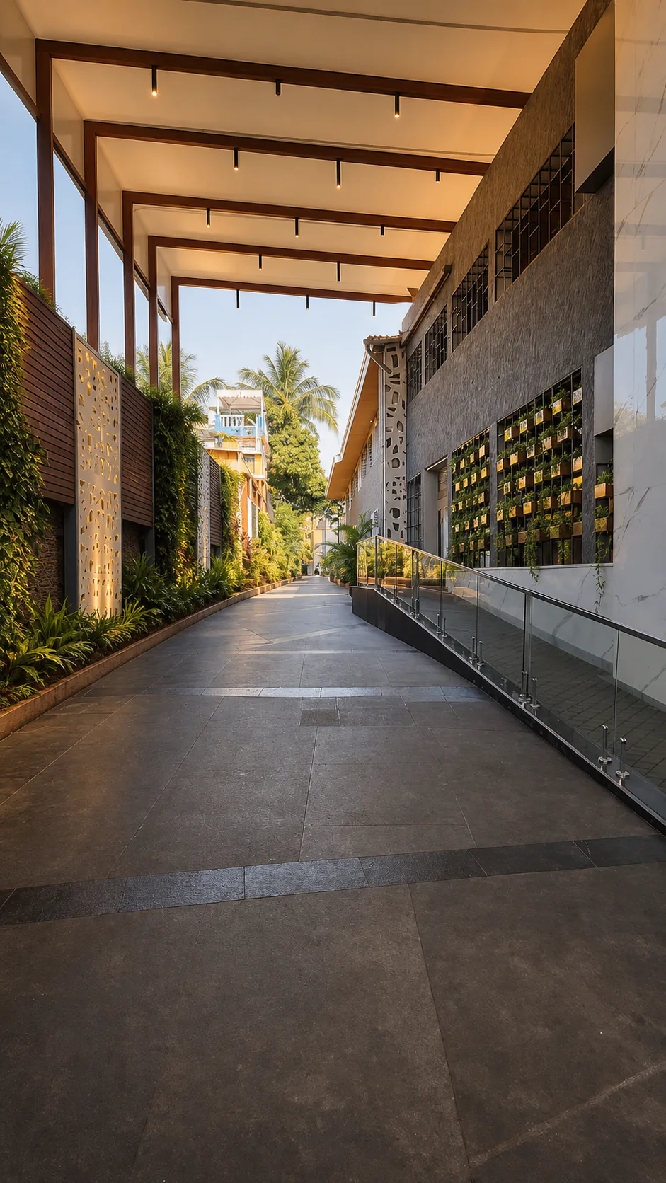 Hyatt Place Goa Candolim covered access walkway with glass ramp, vertical planters and warm ceiling lights