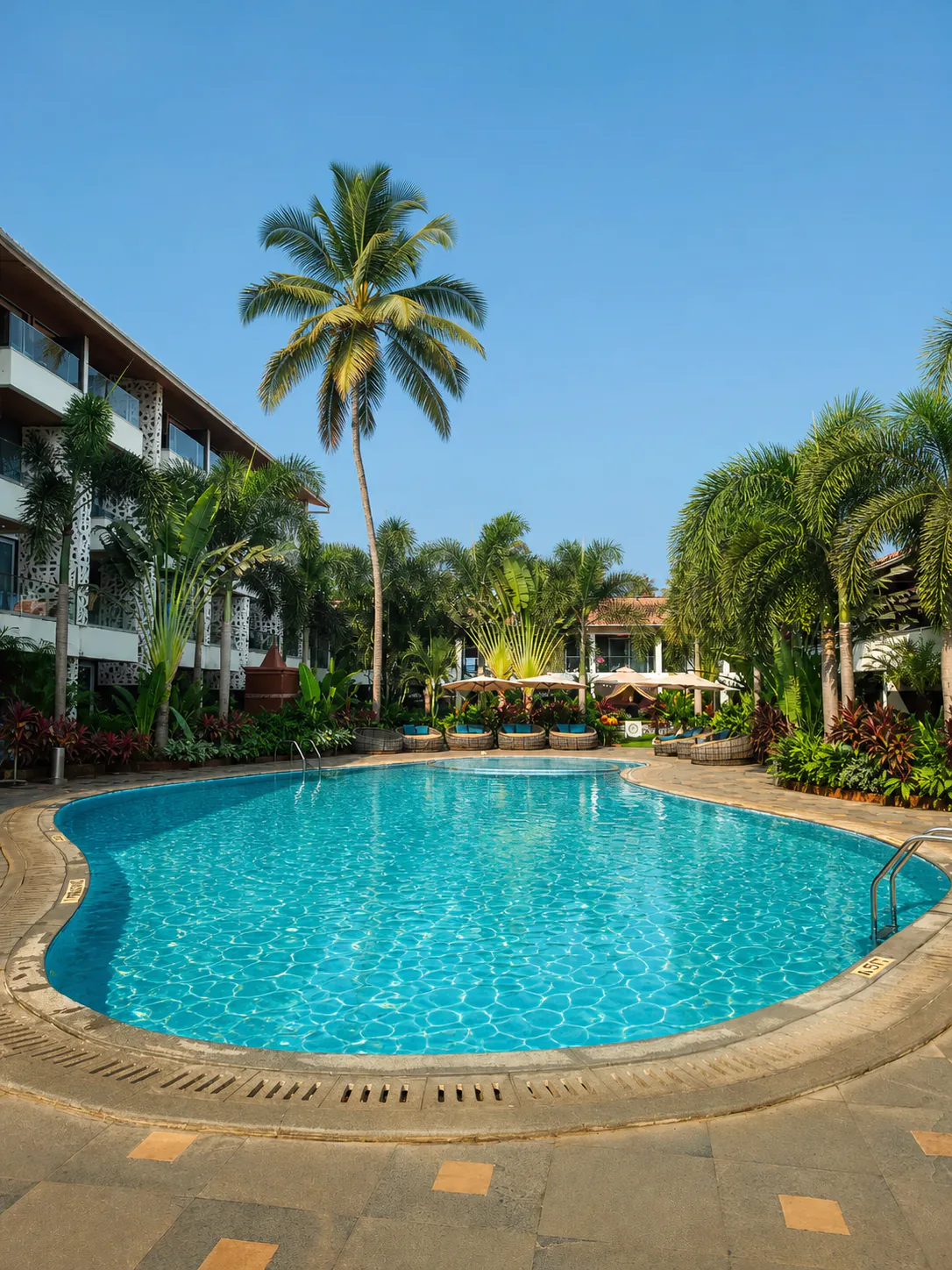 Hyatt Place Goa Candolim portrait main-pool view with coconut palm, clear water and dense tropical beds
