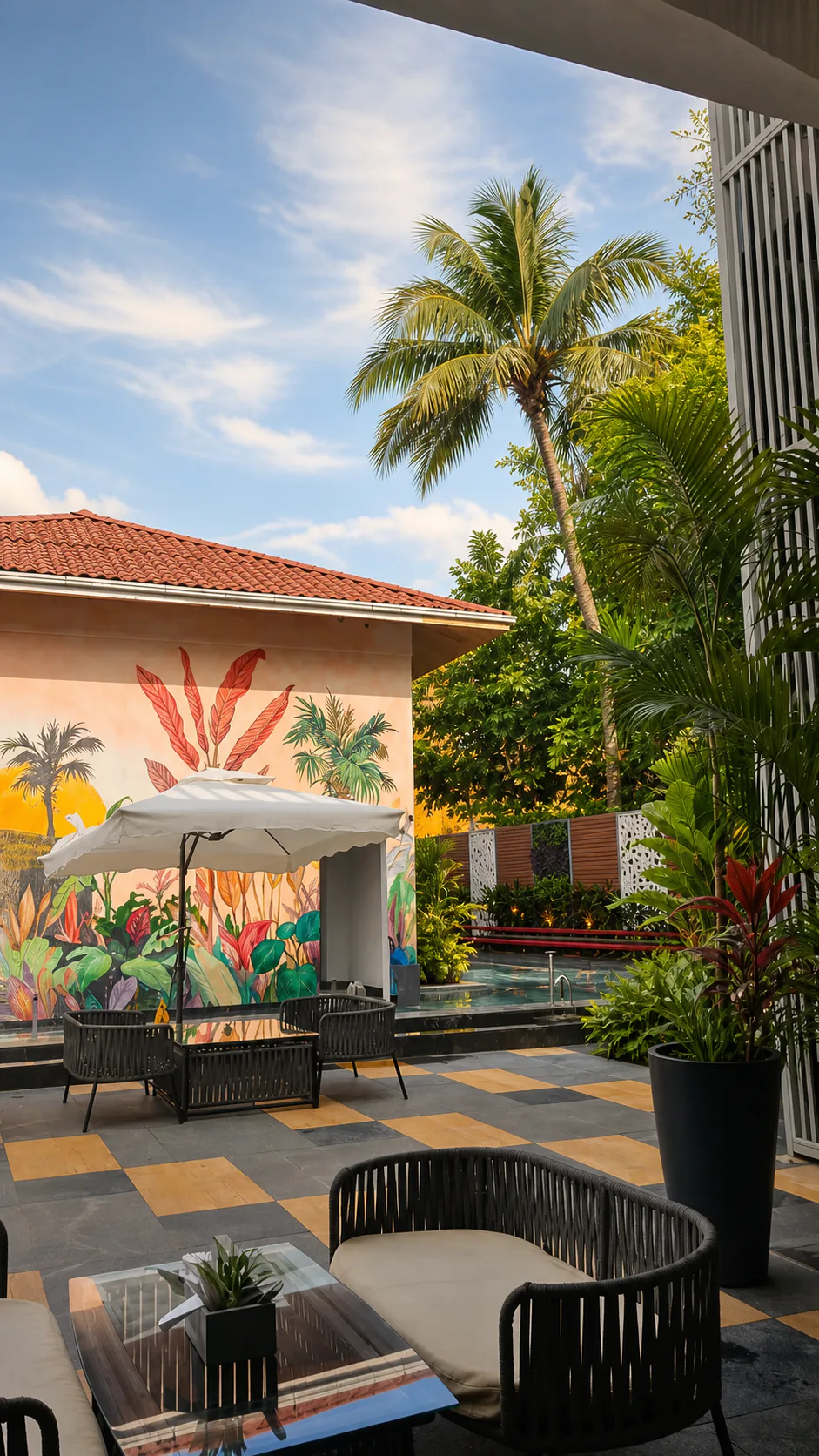 Hyatt Place Goa Candolim mural-side outdoor seating with coconut palm, reflective water and lush foliage