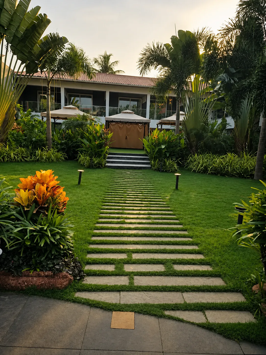 Hyatt Place Goa Candolim grass-set garden path leading through tropical planting to a private cabana