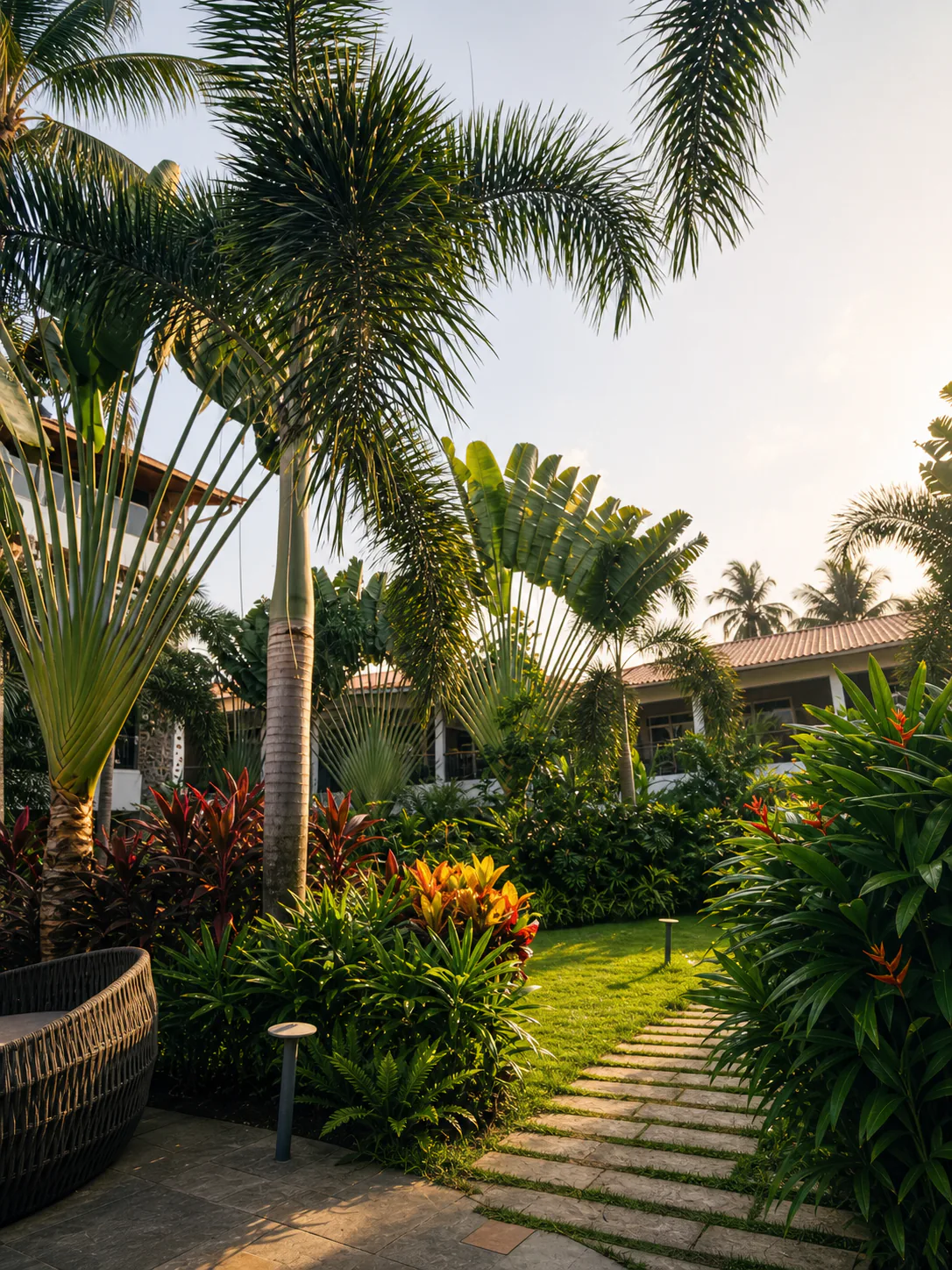 Hyatt Place Goa Candolim warm morning path through palms, heliconia and structured tropical foliage
