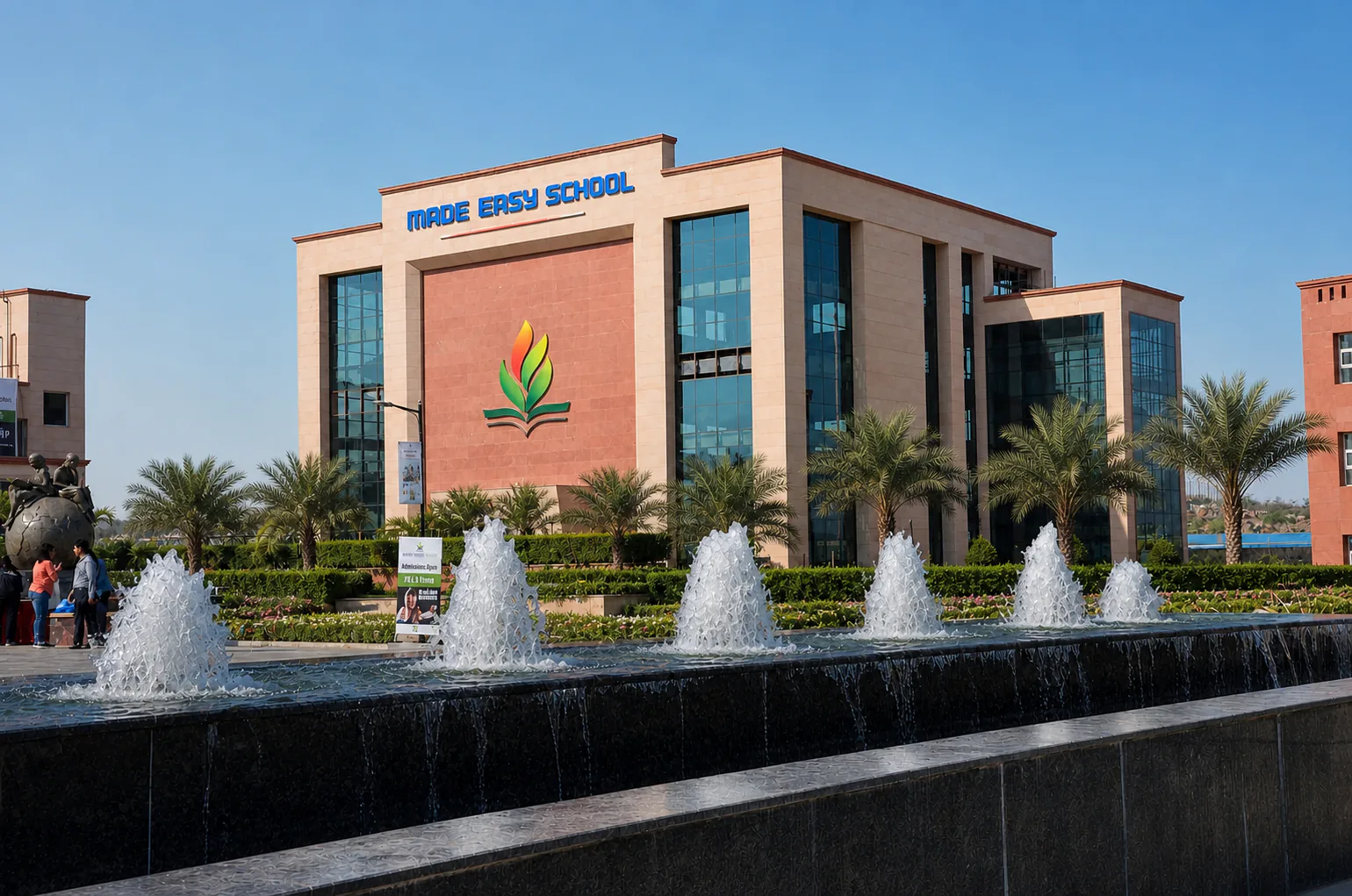 Made Easy School Bhandwari Sports Block with black-stone fountain, structured hedges and ornamental palms