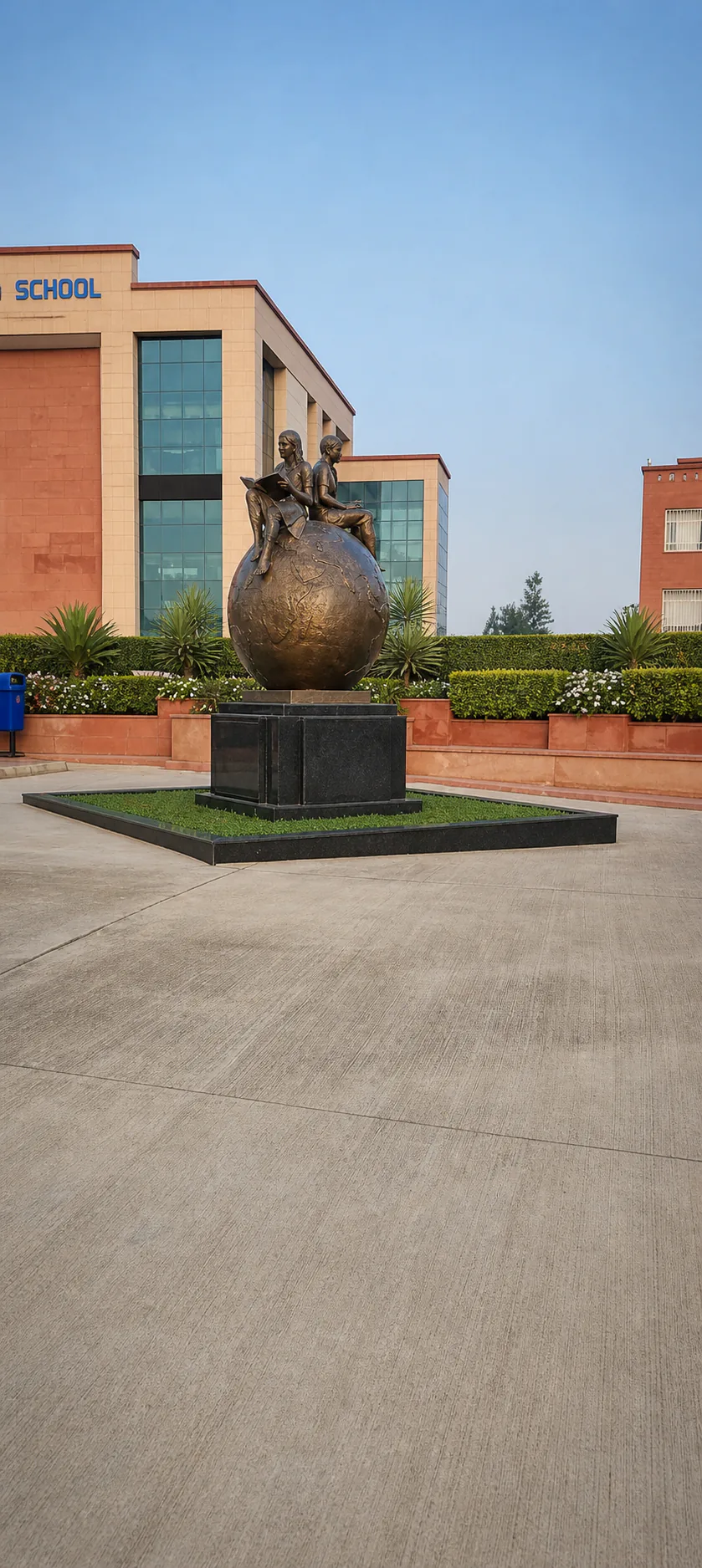 Made Easy School Bhandwari bronze student figures seated on a globe amid hedges, cycads and sandstone academic buildings
