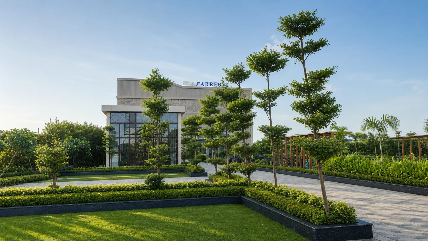 One Farrer facade approached through structured trees, clipped hedges, realistic lawn and clean patterned paths.
