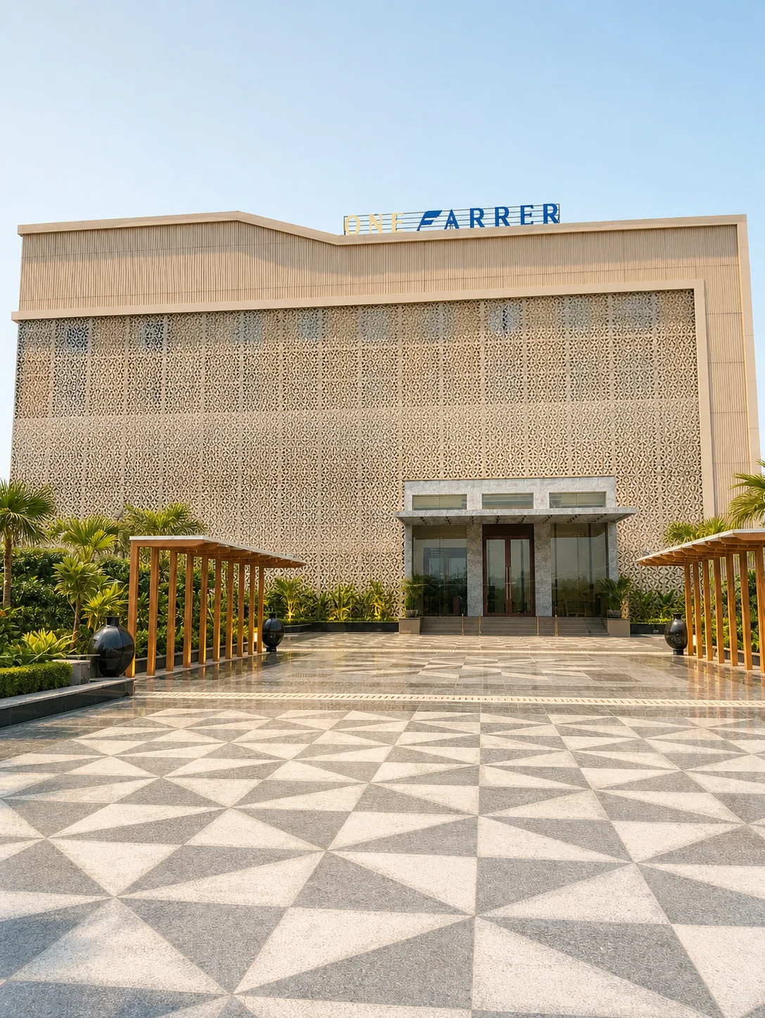 One Farrer main facade with patterned screen, geometric paving, timber pergolas and restrained tropical borders.