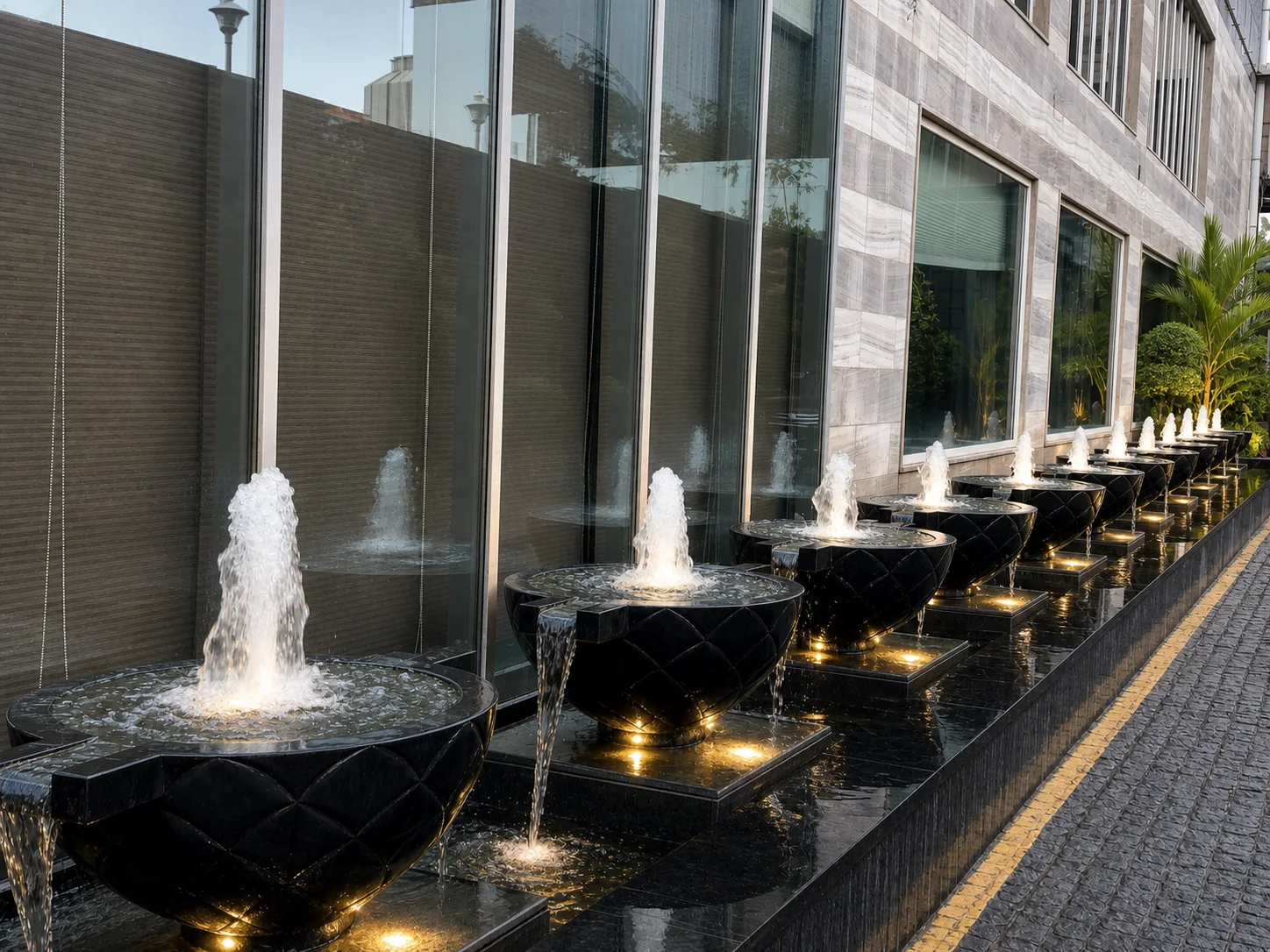 Radisson Lucknow black-stone fountain promenade with clear cascading water and integrated underwater lighting.