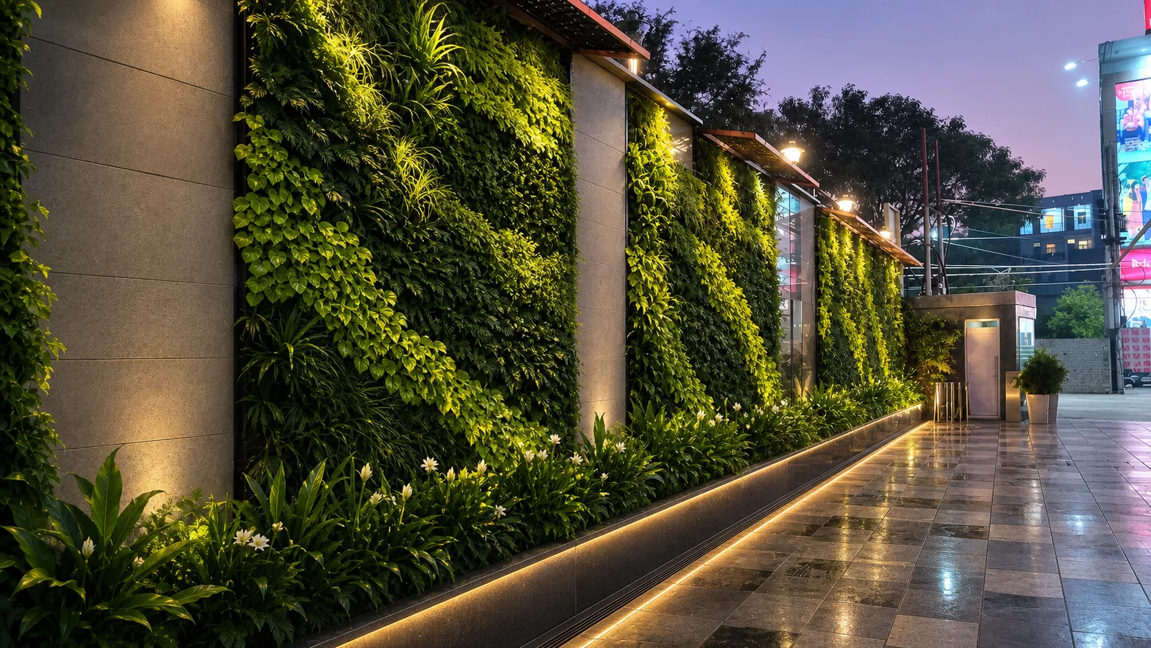 Radisson Lucknow illuminated living-wall passage with layered tropical foliage and a continuous planted edge.