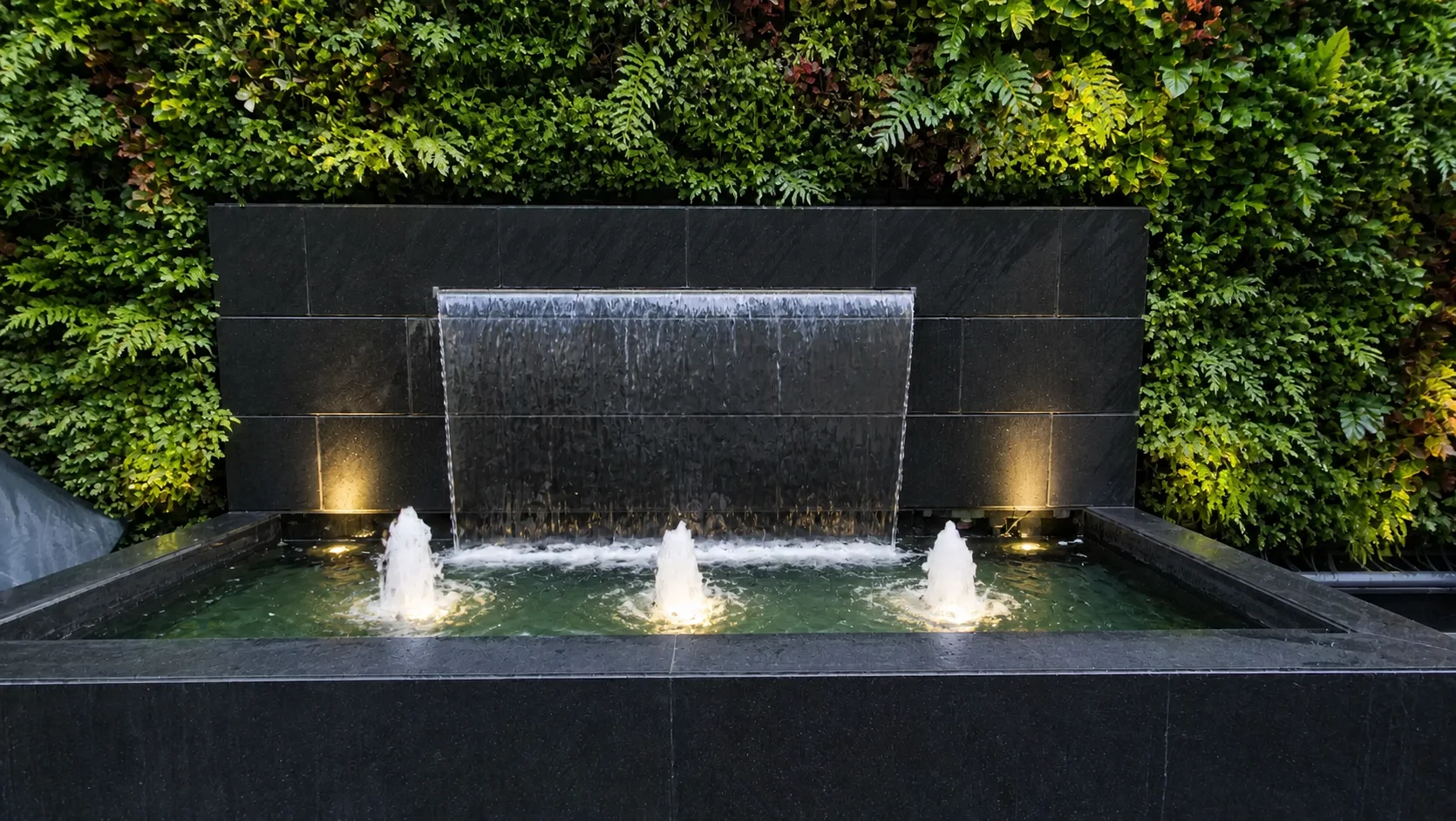 Silver Spoons black-stone fountain with clear cascading water, three illuminated jets and a dense planted wall.
