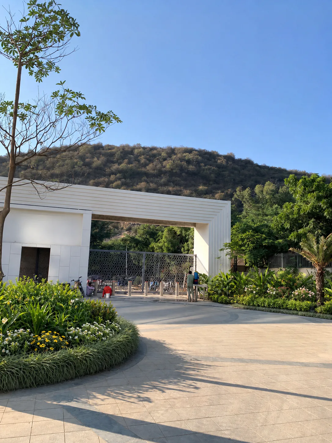 Taj Amer Jaipur main gate approached by a stone driveway bordered with layered planting and a mature shade tree.