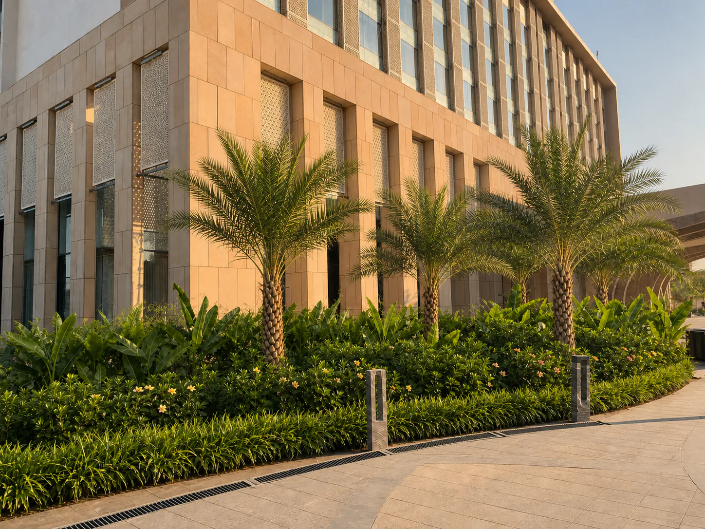 Taj Amer Jaipur stone facade in morning light with a row of date palms and geometric green underplanting.