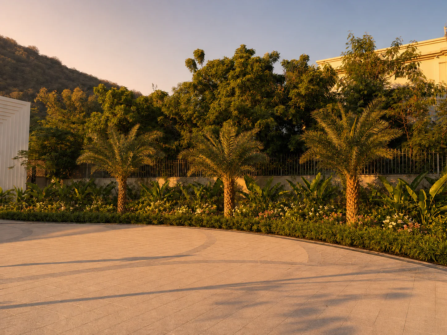 Taj Amer Jaipur perimeter drive at golden hour bordered by date palms, clipped planting and mature shade trees.