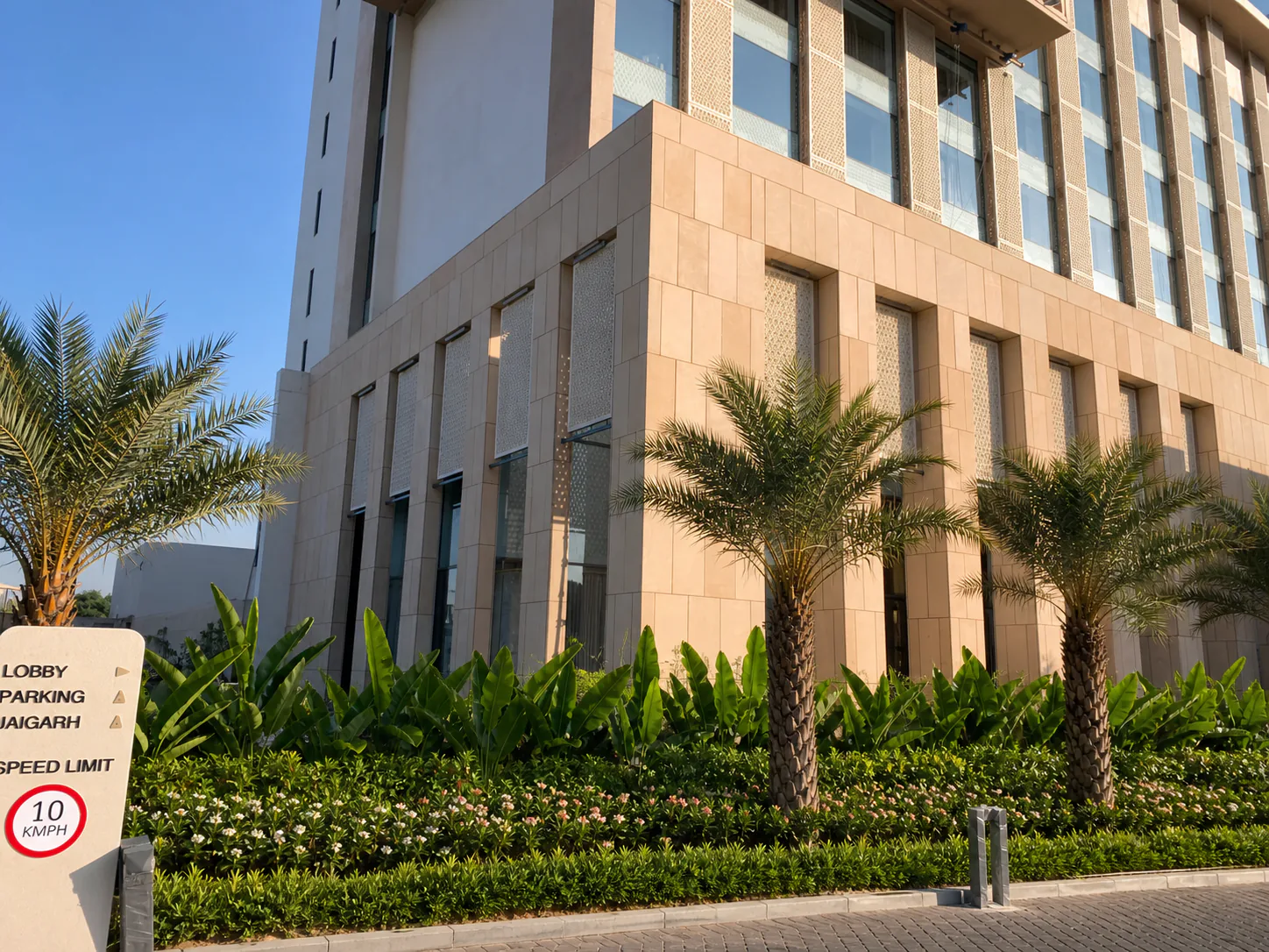 Wide morning view of the Taj Amer Jaipur facade with a continuous row of palms and layered tropical planting.