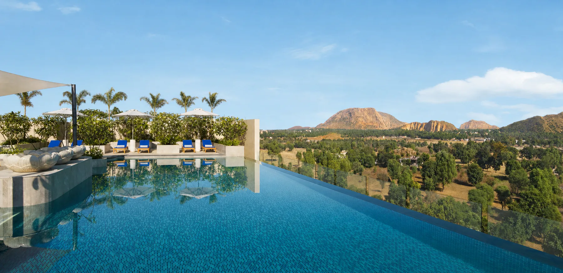 Daytime Taj Amer Jaipur infinity pool overlooking the Aravalli hills with clear water and foxtail palms.