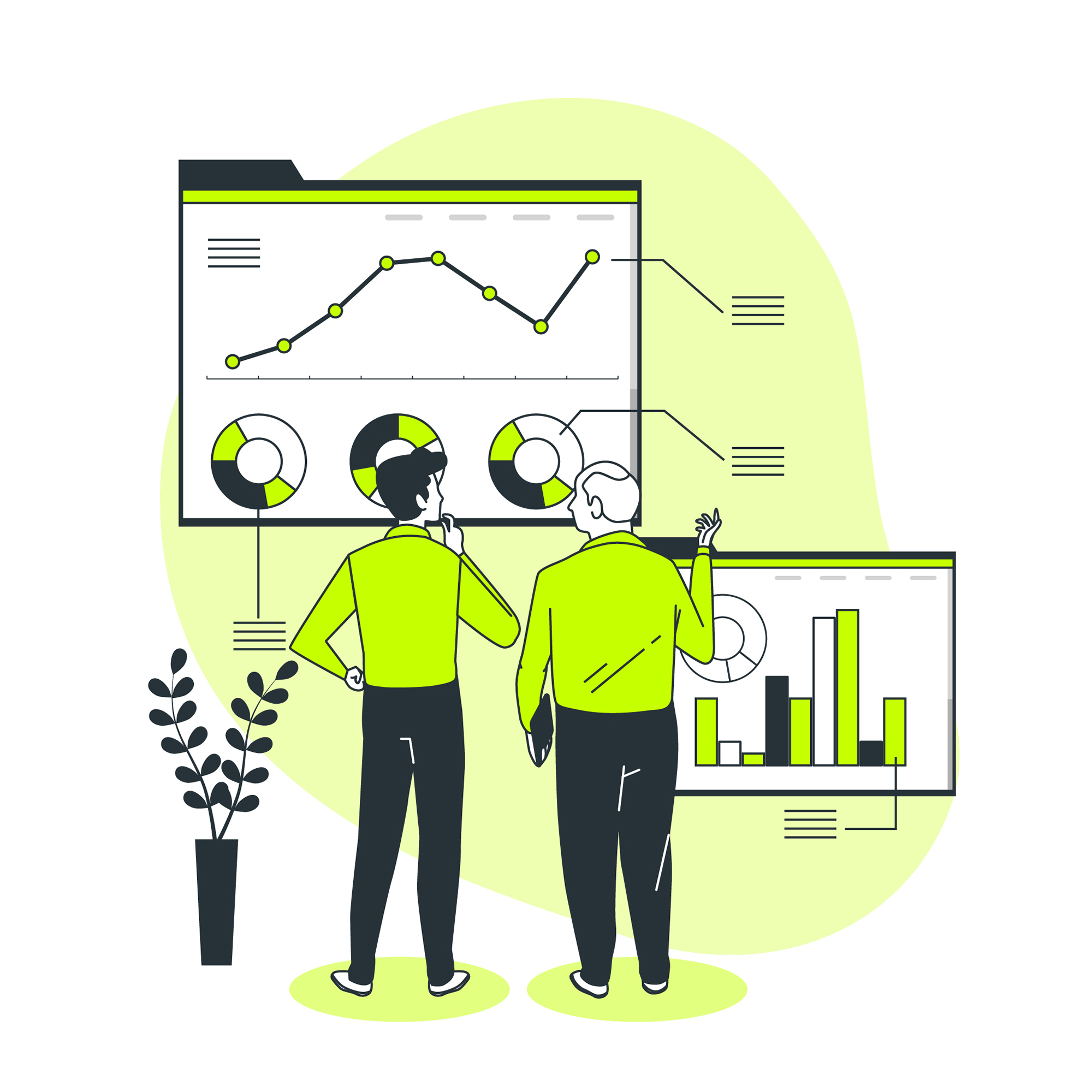 Two professionals analyzing data and performance metrics for project evaluation.