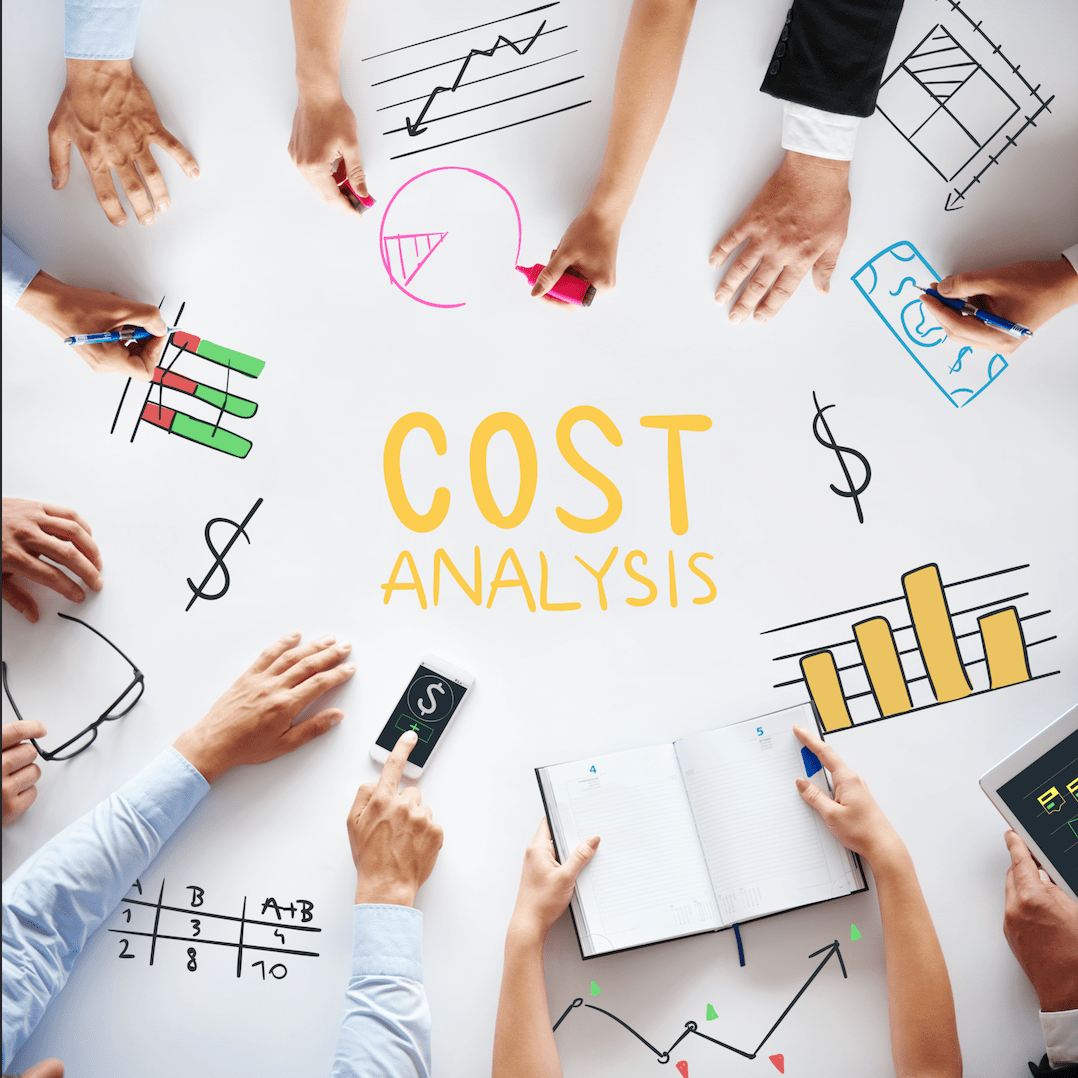 Business team collaboratively working on a cost analysis for a landscaping proposal.