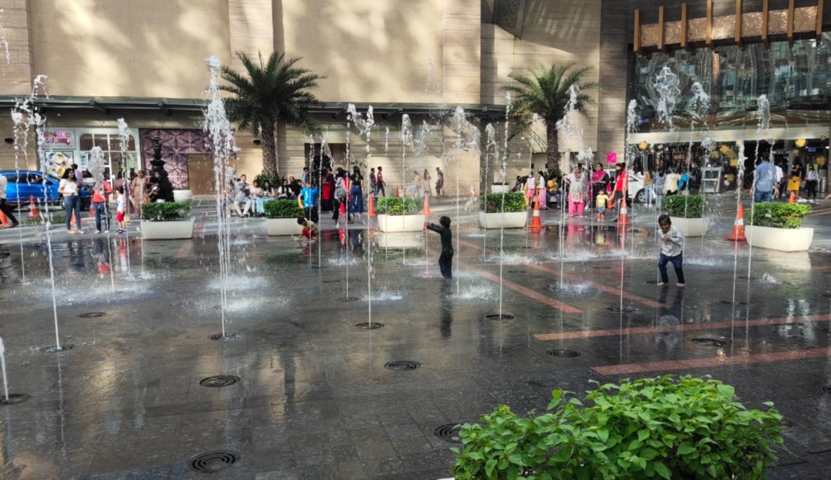 Interactive fountain at Vegas Mall Delhi, enhanced by Four Leaf Landscape's design.