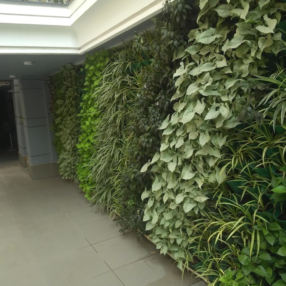  A verdant vertical garden by Four Leaf Landscape adorning an urban corridor, with a variety of leafy plants creating a lush, living wall that transforms the concrete space into a botanical haven.