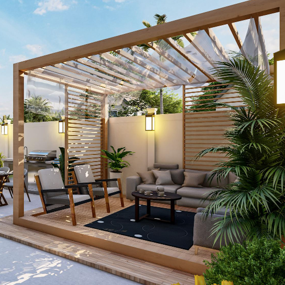A modern outdoor living space designed by Four Leaf Landscape, featuring a wooden deck and a contemporary pergola, complemented by lush potted plants and cozy furniture under the open sky.